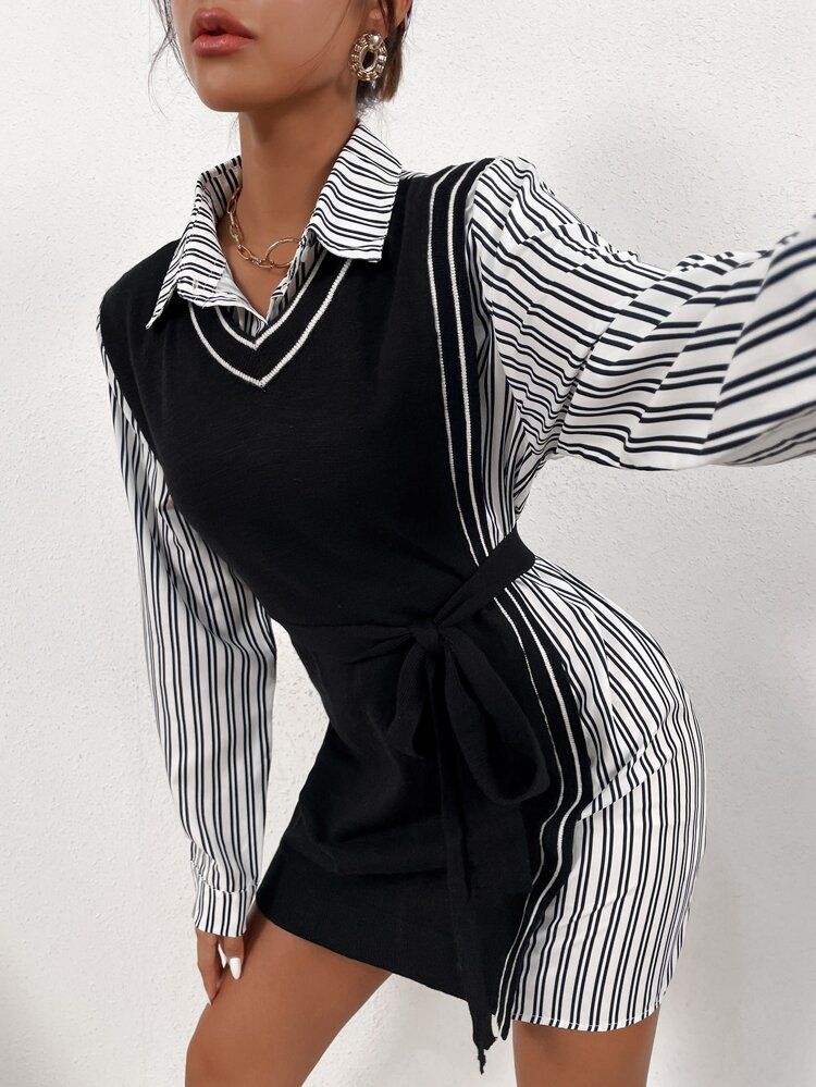 Striped Trim Belted 2 In 1 Sweater Dress | SHEIN