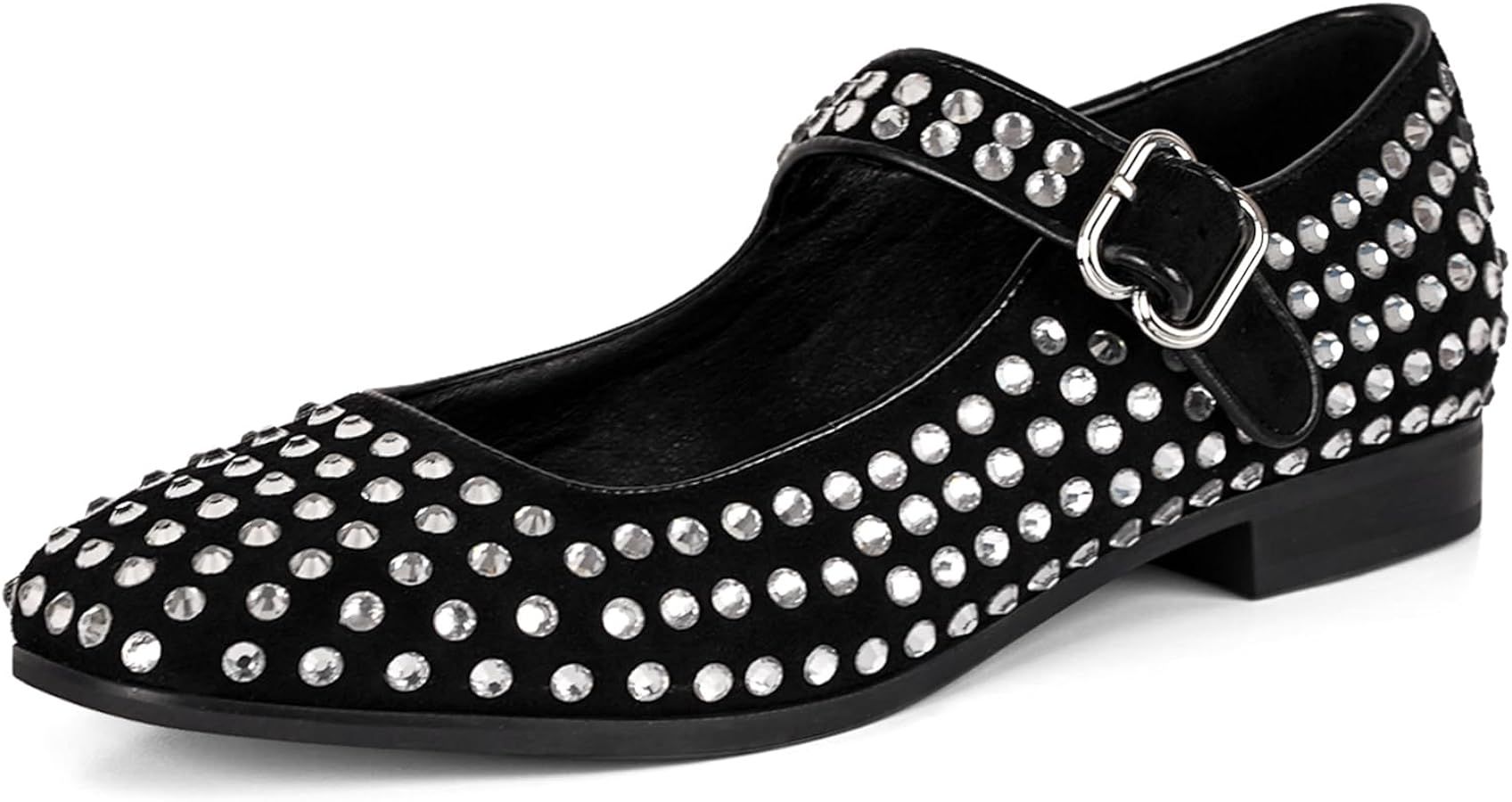 DOEYG Rhinestone Mary Jane Flats for Women Sparkly Ballet Flats with Buckle Strap Square Toe Embe... | Amazon (US)