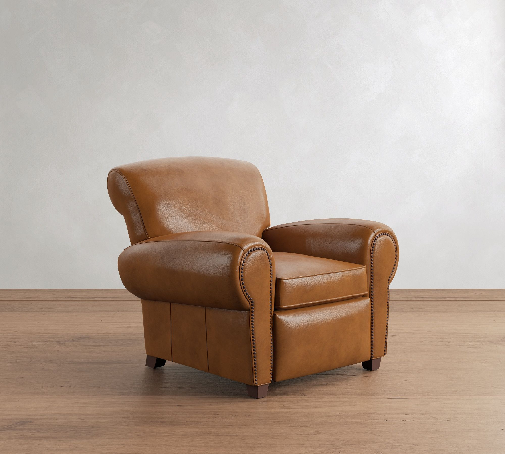 Manhattan Roll Arm Leather Recliner with Nailheads, Polyester Wrapped Cushions, Heritage Caramel | Pottery Barn (US)