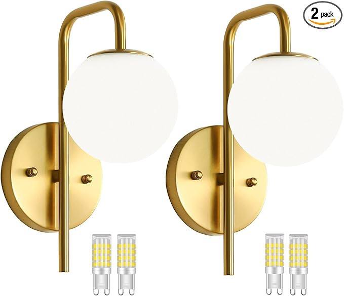 PEESIN Gold Wall Sconces, Brushed Brass Wall Sconces Set of Two, Globe Wall Sconce with Frosted G... | Amazon (US)