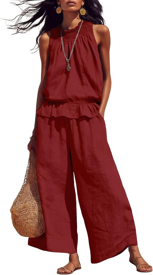 Tanming Women's Linen 2 Piece Outfits Sleeveless Ruffle Top Wide Leg Pants Summer Loungewear Beac... | Amazon (US)