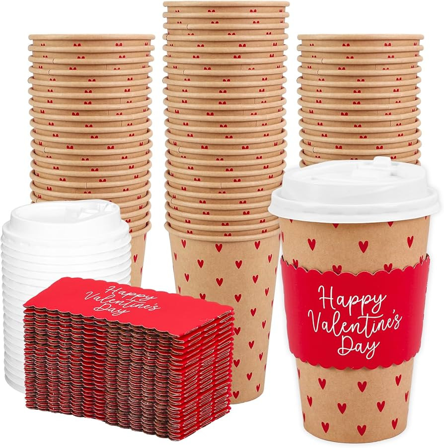Whaline 50Pcs 16Oz Happy Valentine' s Day Disposable Coffee Cups with Lids and Sleeves Red Mini H... | Amazon (US)