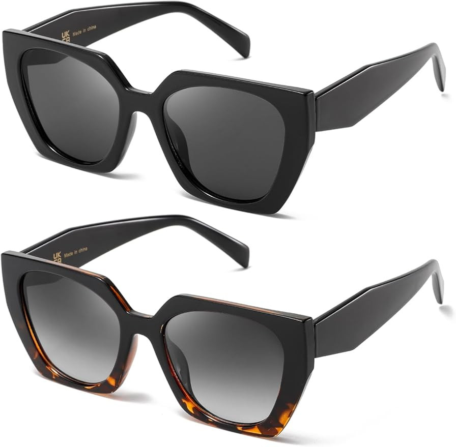 (2 PACK) Trendy Oversized Sunglasses Womens Big Square Cat eye Sun Glasses Lentes de sol para muj... | Amazon (US)