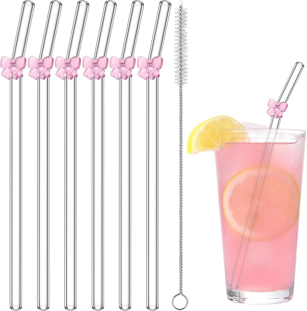 6 Pcs Reusable Glass Straws with 1 Cleaning Brushes Pink Bow Glass Straws Shatter Resistant Straw... | Amazon (US)