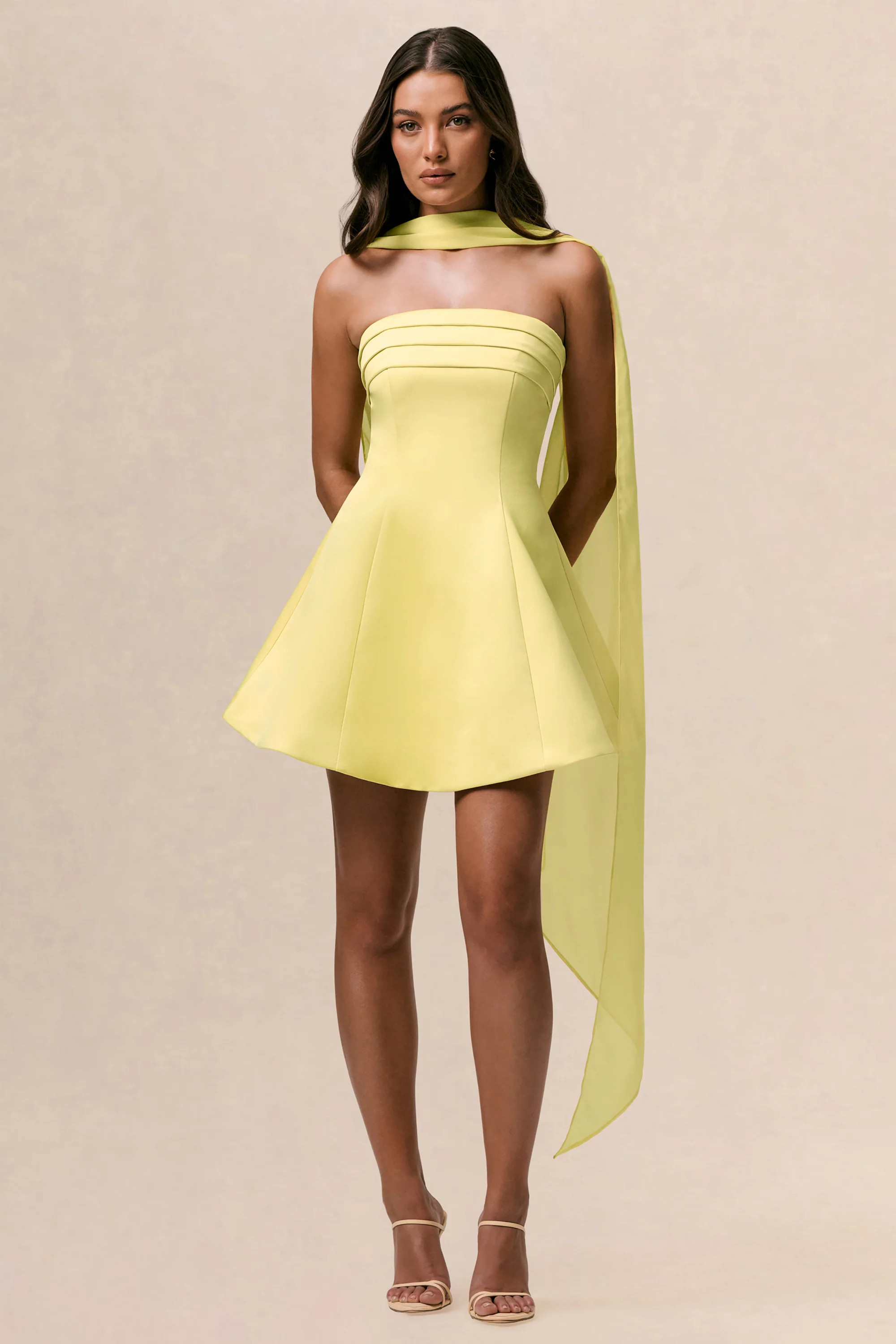 Love Me | Lemon Satin Skater Mini Dress With Chiffon Scarf | Club L London