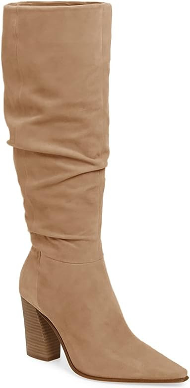 PiePieBuy Womens Faux Suede Knee High Boots Wide Calf Pointed Toe High Chunky Heel Side Zipper Bo... | Amazon (US)
