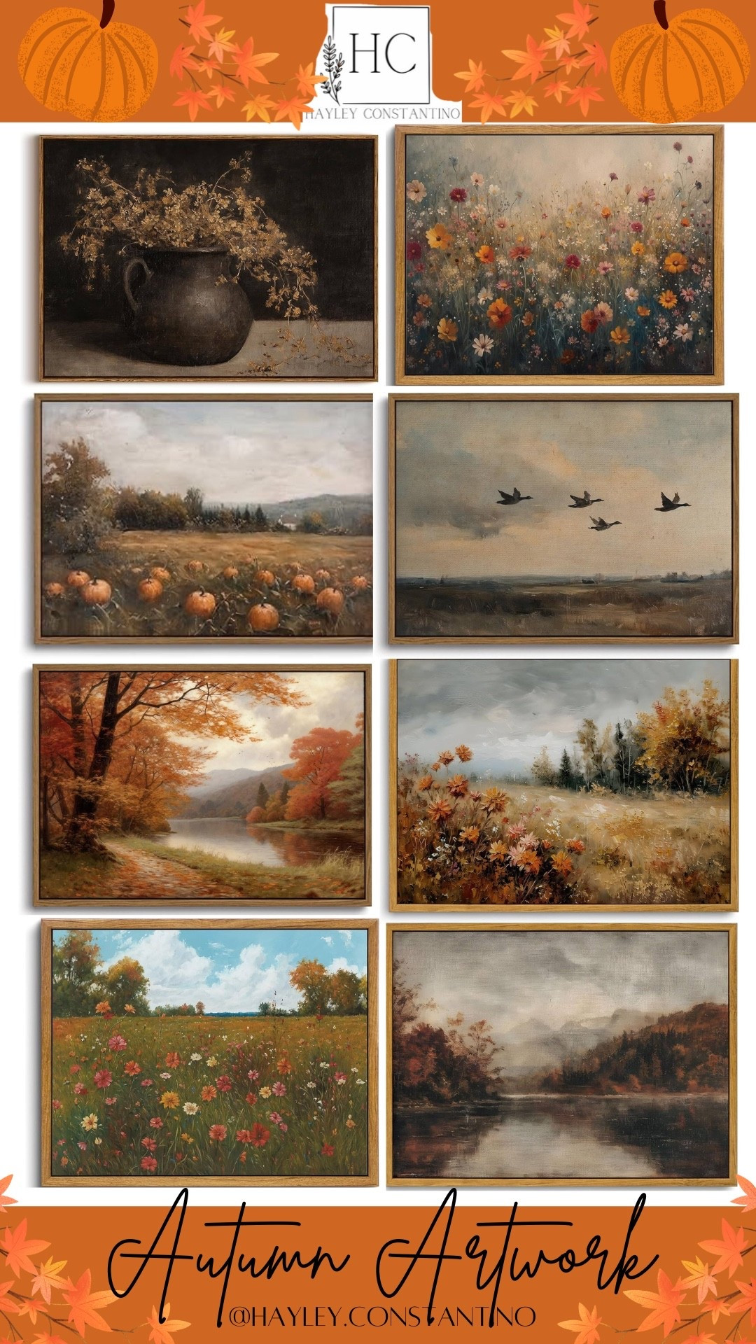 Your fall art collection is basically a cozy countryside daydream wrapped in a frame 🍂✨ Think pumpkin patches, golden meadows, misty lakes, and wildflower fields all kissed with that soft, vintage glow. Each piece feels like a crisp morning walk, a warm cider in hand, and leaves crunching under your boots. The mix of muted earth tones, warm amber hues, and rustic textures brings that *perfectly imperfect farmhouse charm* that instantly makes a home feel layered, lived-in, and oh-so-inviting.

From delicate florals to harvest pumpkins and serene landscapes, this artwork set captures every mood of autumn—from sunny, golden afternoons to moody, sweater-weather skies. And with multiple sizes (10x8 to 36x24), you can style these beauties anywhere your home needs a seasonal glow-up.

**Where to hang for maximum autumn magic:**
🍁 **Entryway:** Welcome guests with instant fall vibes—pair with a woven basket and mini pumpkins for that “come on in, it’s cozy here” moment.
🕯️ **Living Room:** Create a warm gallery wall above the sofa or fireplace—mix landscapes and florals for depth and texture.
🍂 **Dining Room:** Perfect backdrop for Thanksgiving gatherings—think candlelight, wood tones, and these moody countryside scenes.
🛏️ **Bedroom:** Add a soft, romantic autumn touch above the bed or dresser for a calm, cozy retreat.
🍎 **Kitchen or Breakfast Nook:** The pumpkin fields and wildflowers bring a fresh harvest feel—perfect with coffee and morning light.
🌾 **Hallways & Staircases:** Turn overlooked spaces into a seasonal stroll through fall countryside charm.

These pieces aren’t just decor—they’re an *autumn mood*. Think slow mornings, chunky knits, and everything pumpkin-spiced. Hang them up, light a candle, and let your home fall into fall 🤎🍁

#LTKHome #LTKSeasonal