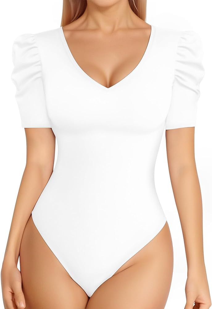MANGOPOP Women's Bodysuit Deep V Neck Puff Short Sleeve Slim Fit Body Suits Casual Blouse Tops El... | Amazon (US)