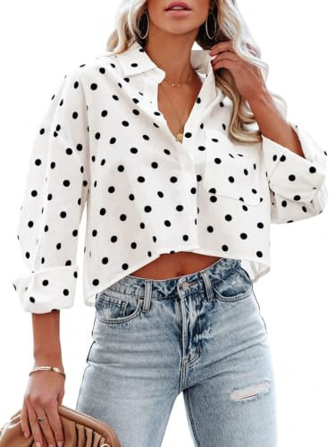 Tankaneo Womens Button Down Cropped Shirts Long Sleeve Crop Tops Blouses | Amazon (US)