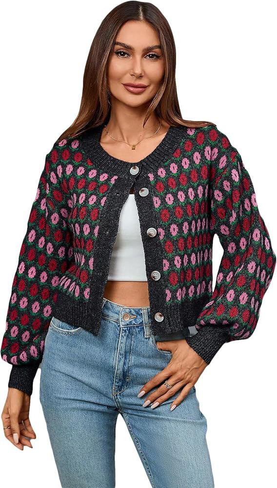 WDIRARA Women's Floral Button Down Ribbed Knit Crew Neck Cropped Cardigan Sweater | Amazon (US)