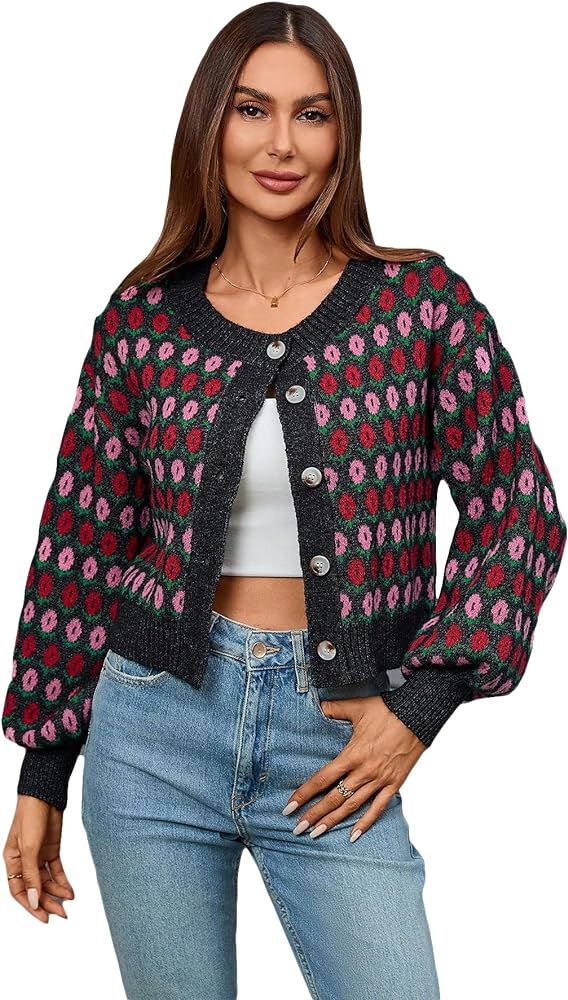 WDIRARA Women's Floral Button Down Ribbed Knit Crew Neck Cropped Cardigan Sweater | Amazon (US)