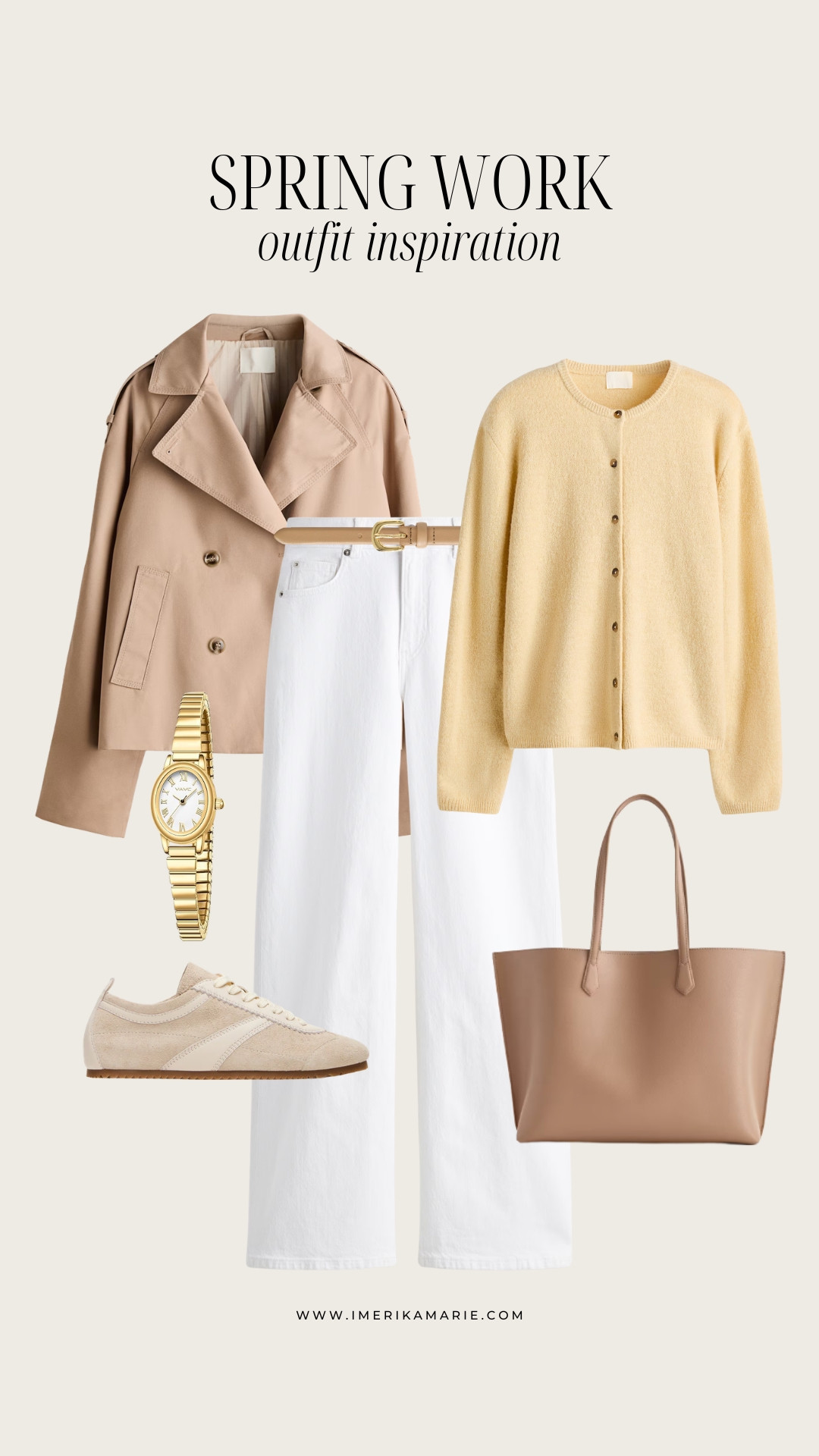 Spring Work Outfit 🌼

Trench coat, butter yellow cardigan, white pants, and beige sneakers.

 

 

#LTKootd #LTKWorkwear