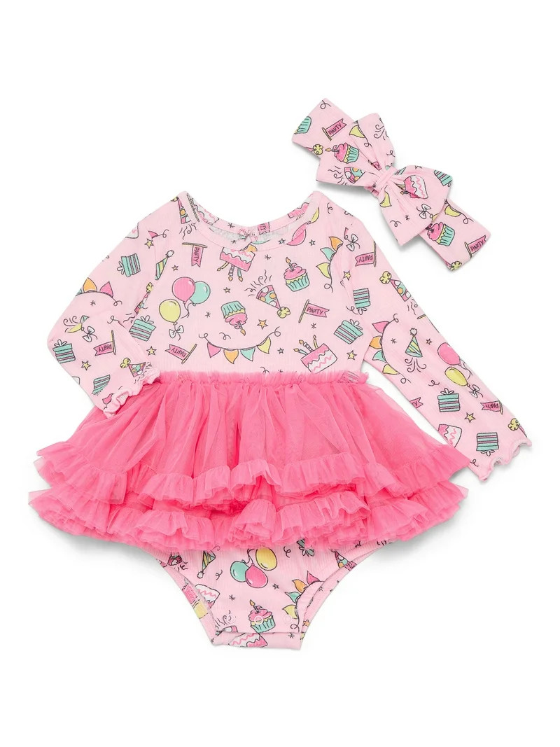 Forever Me Baby Girls' Birthday Print Bodysuit with Tutu Skirt and Headband Set, 2-Piece, Sizes 6... | Walmart (US)