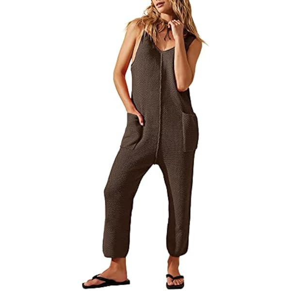 Glamaker Women's Jumpsuit Hot Shot Onesie Casual Waffle Knit Loose Overall Jumpsuit One Piece Sleeveless Baggy Lounge Romper | Amazon (US)