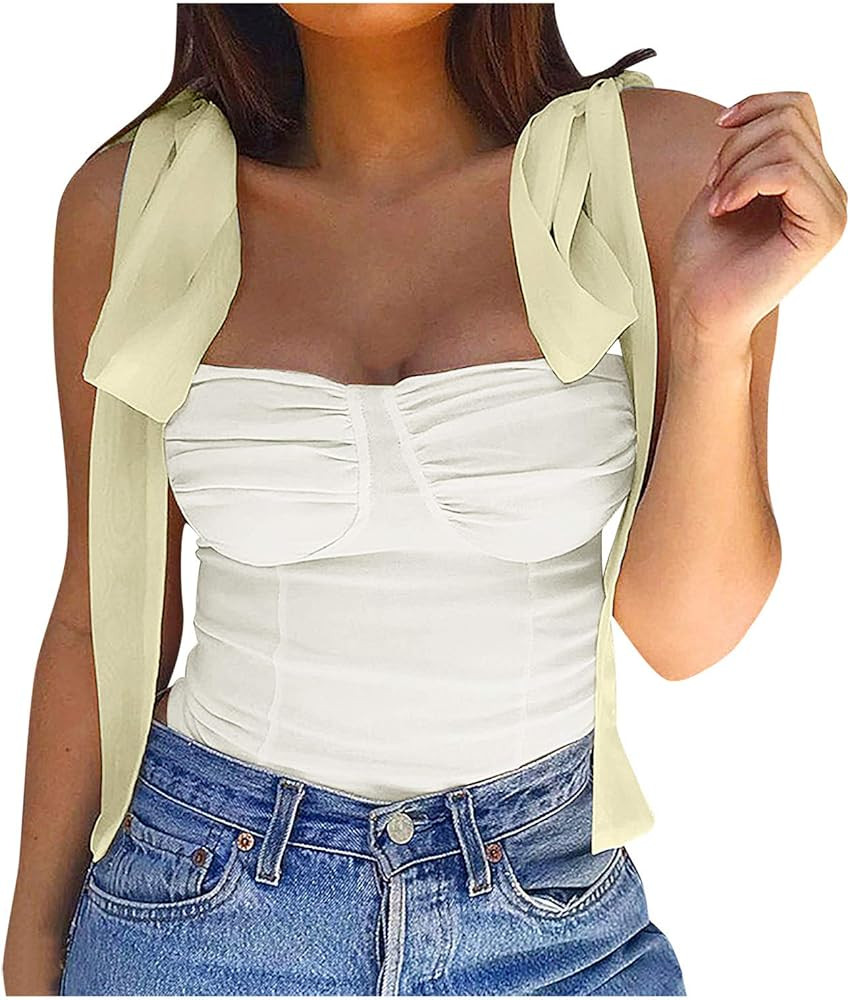 Fudule Sexy Crop Tops for Women Y2K Fashion Tops Bow Tie Camisole Slim fit Bandage Crop Tank Top Ruc | Amazon (US)