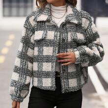 Plaid Pattern Drop Shoulder Teddy Jacket | SHEIN