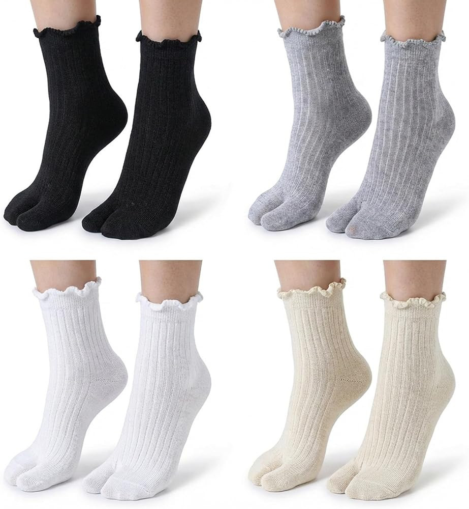 4 Pairs Tabi Socks Women Split Two Toe Socks Japanese Toes Separated Sock Ruffle Frilly Sports Ca... | Amazon (US)