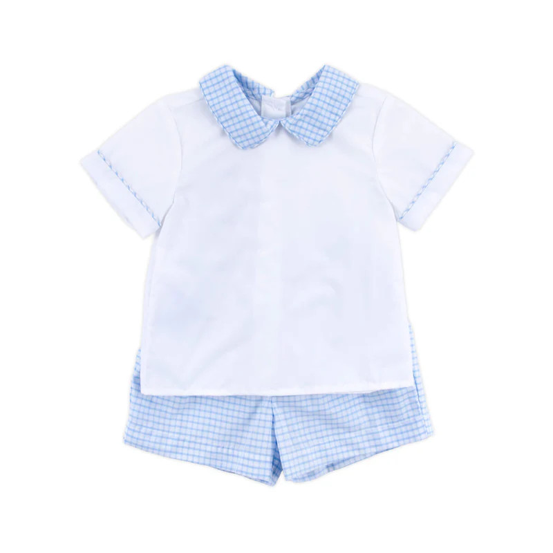 Light Blue Windowpane Collared Short Set | Classic Whimsy