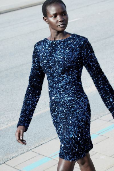 Sequined Dress with Low-cut Back - Dark blue - Ladies | H&M US | H&M (US + CA)