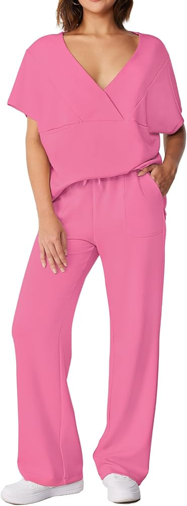 Casei Women's 2 piece Outfits Lounge Sets Summer V Neck Tops Wide Leg Pants Matching Sets Travel ... | Amazon (US)