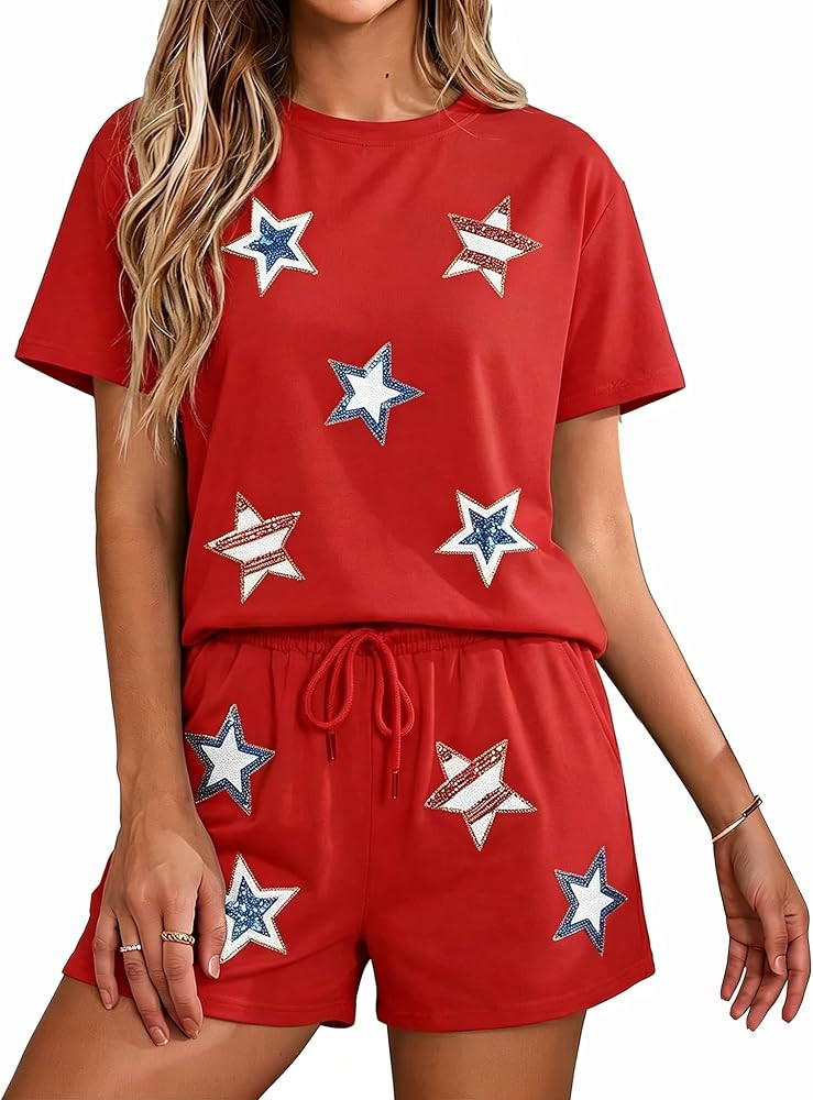 MYHALF 4th of July Sets for Women Sequin Star Graphic Shirt and Shorts Patriotic Outfits 2 Piece ... | Amazon (US)