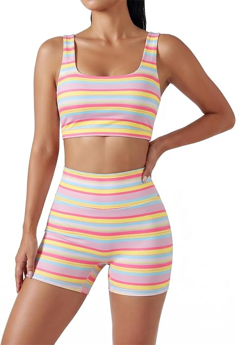 Fisoew Womens 2 Piece Outfits Striped Square Neck Crop Tops Shorts Set | Amazon (US)