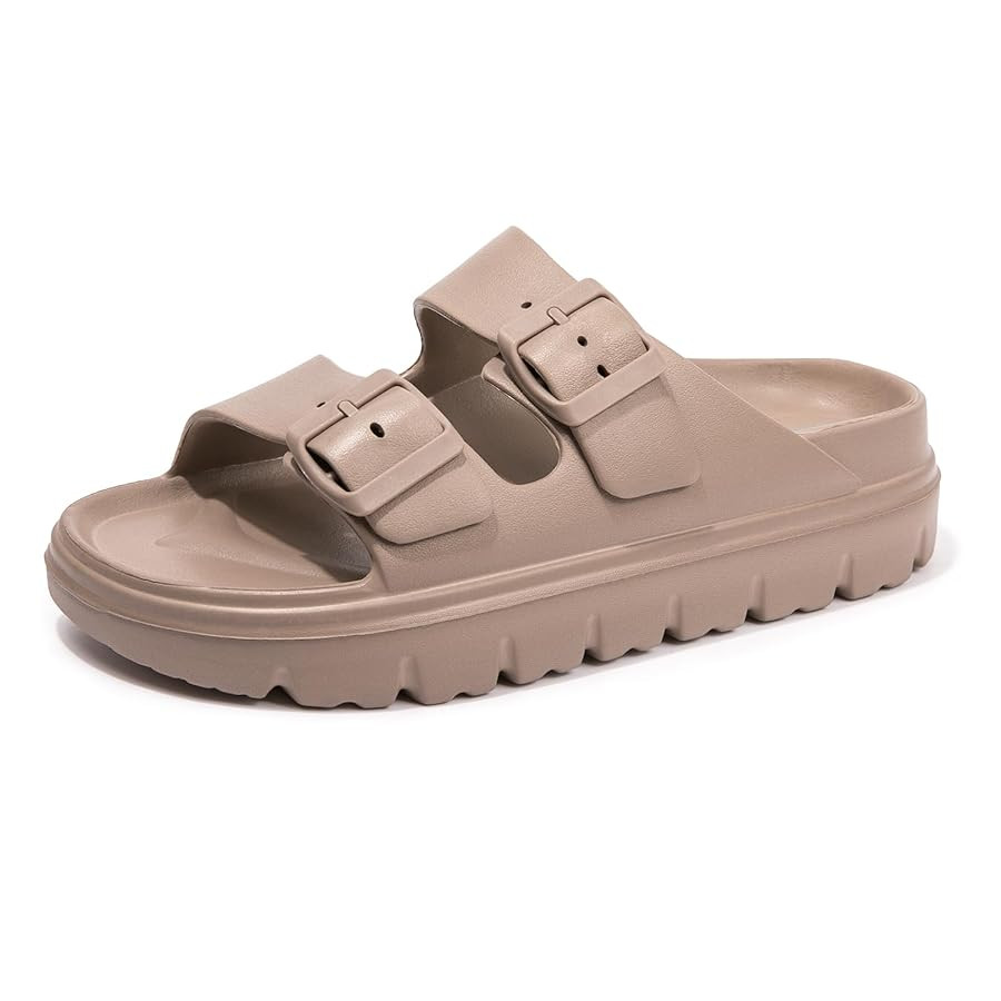 FUNKYMONKEY Women's Comfort Slides Double Buckle Adjustable Plastics Flat Sandals | Amazon (US)