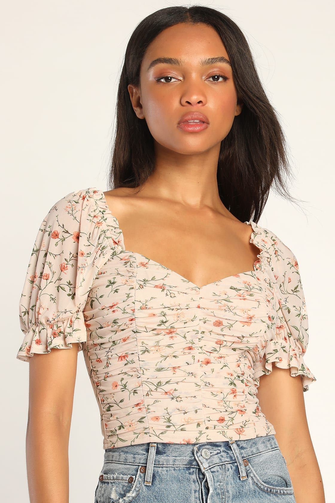 Blooming with Bliss Peach Floral Print Ruched Short Sleeve Top | Lulus (US)