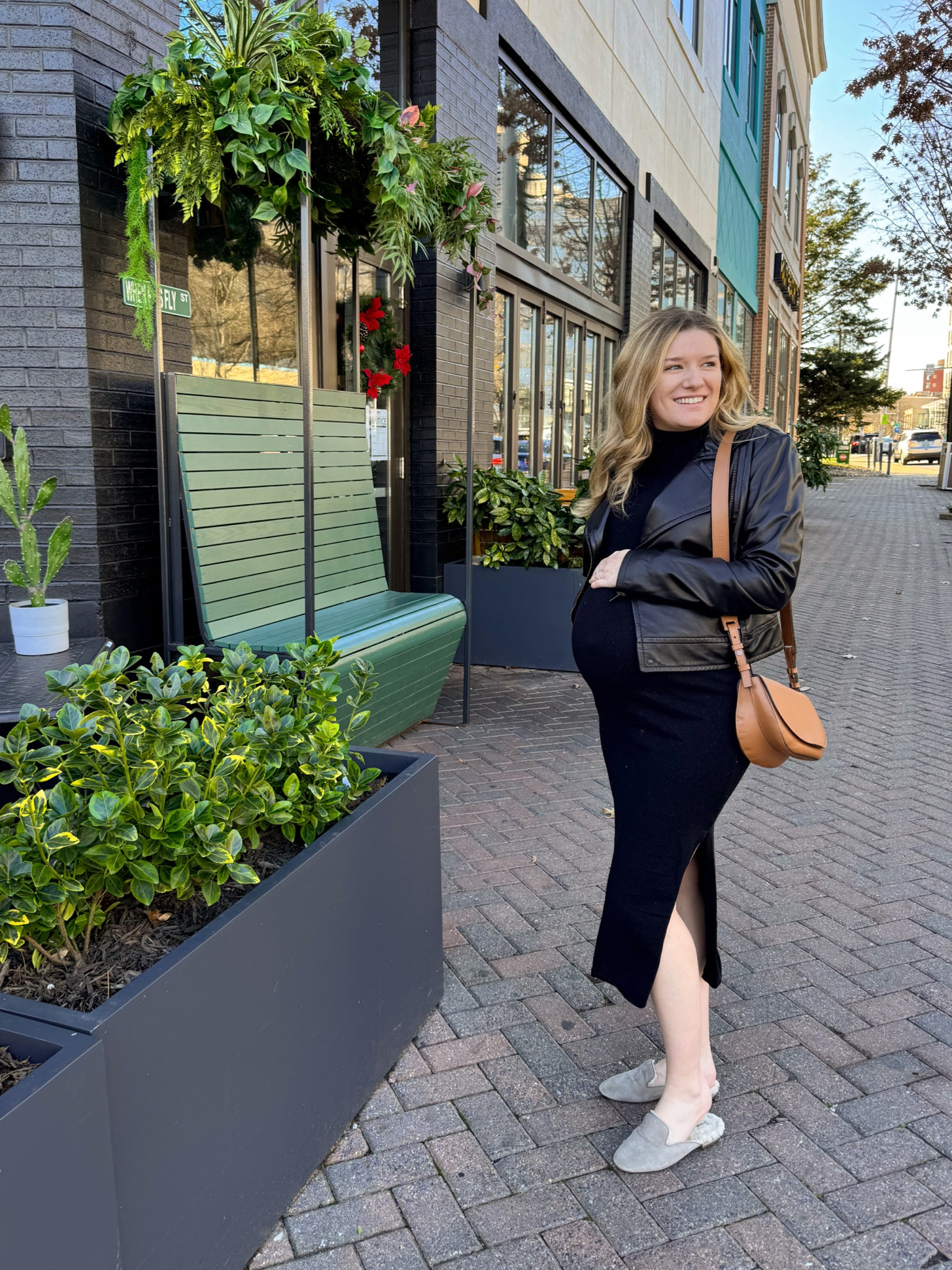 31 weeks pregnant fall and winter outfit inspiration 

Black midi dress (not maternity but super stretchy!) - TTS. Wearing small - Last year from Express. Linked this year’s version without the side slit. 

Phoebe slides with faux fur from Birdies. I have in velvet and suede. My FAVORITES but no longer sold on their website. Linked similar styles still in stock. TTS. 

Coach leather jacket from the outlet. Wearing size small. The softest leather EVER!

#LTKHoliday #LTKStyleTip #LTKBump