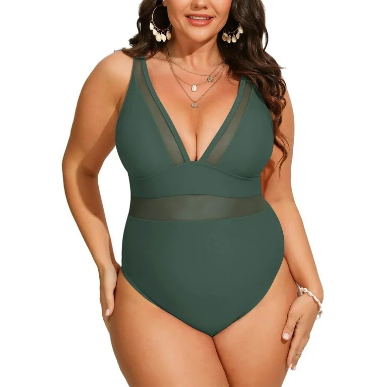 Zenbriele Womens Plus Size One Piece V Neck Swimsuit Mesh Bathing Suits Tummy Control | Walmart (US)