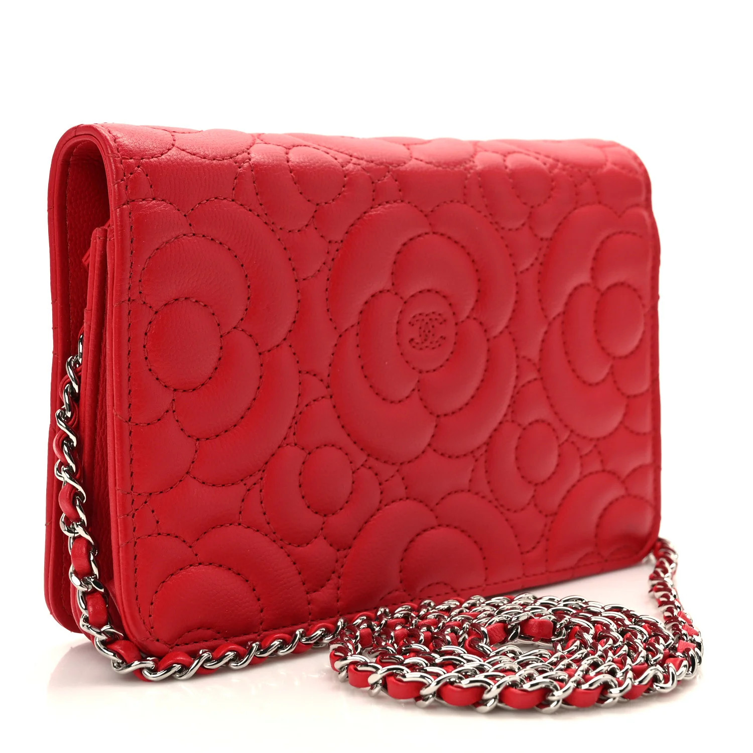Caviar Camellia Embossed Wallet On Chain WOC Red | FASHIONPHILE (US)
