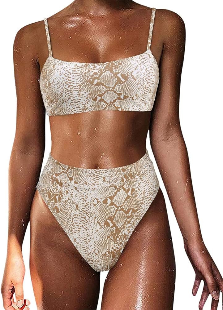 MOSHENGQI Women High Wasited Bikini Shoulder Strap 2 Piece High Cut String Swimsuits | Amazon (US)