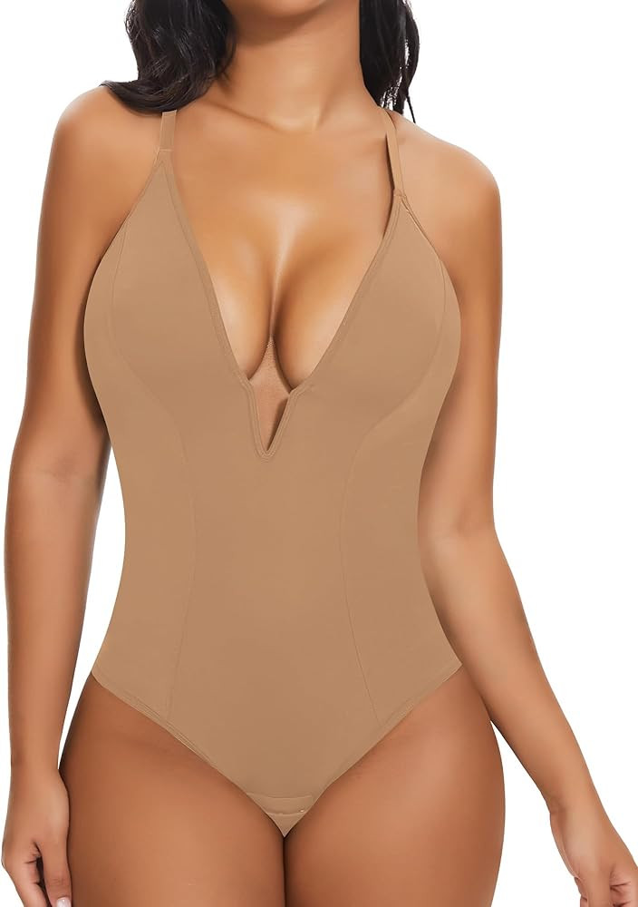 SHAPERIN Bodysuit for Women Shapewear Tummy Control Deep V Neck Plunge Sleeveless Backless Thong ... | Amazon (US)