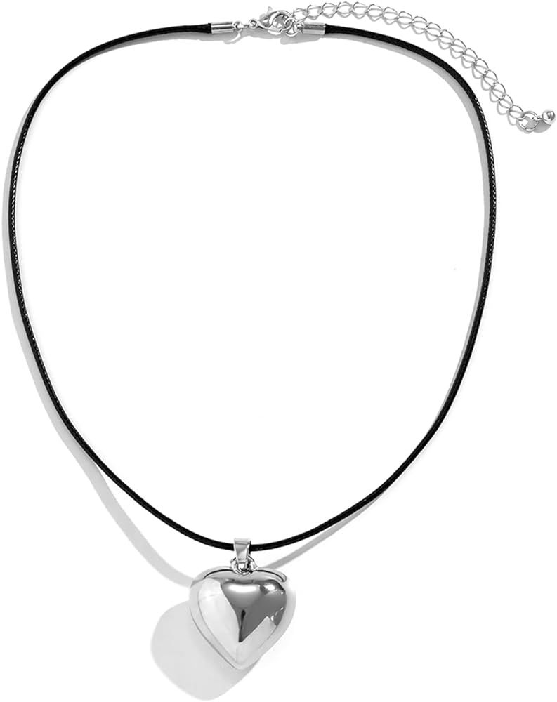 YURAOER Chunky Puffy Heart Choker Necklace - Big Heart Pendant Adjustable Velvet Chain Heart Necklac | Amazon (US)