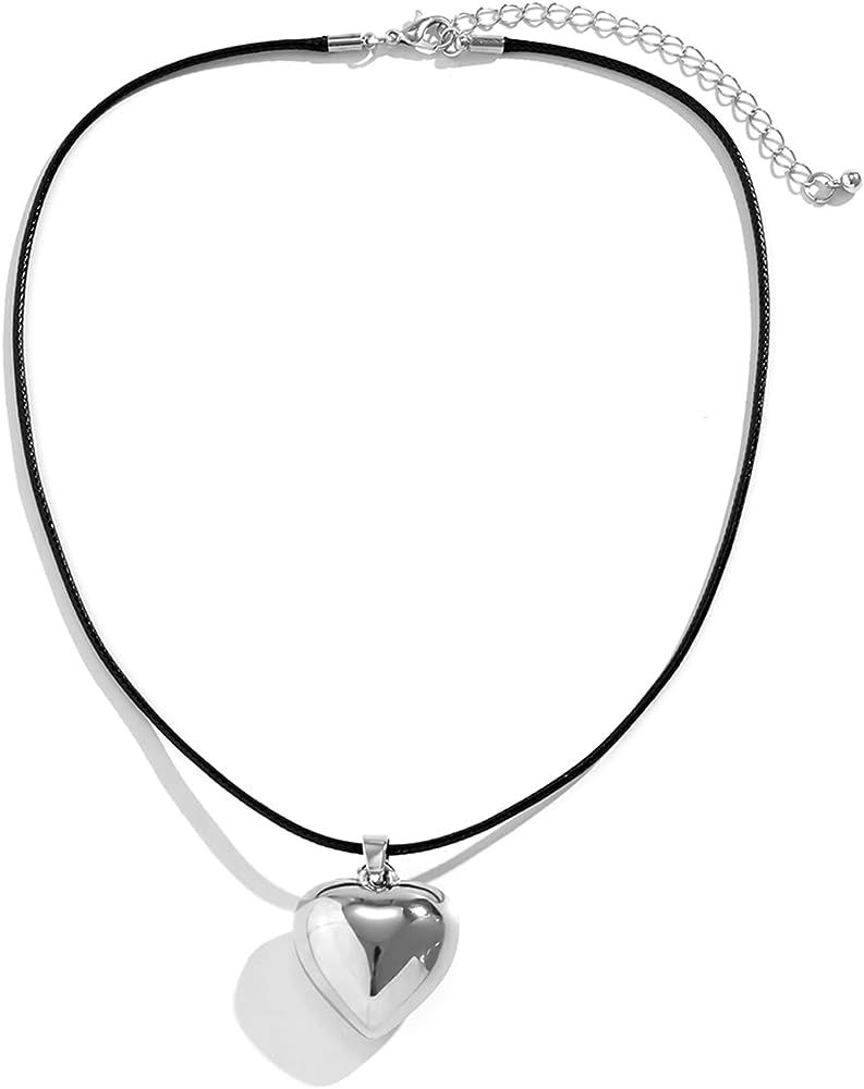 YURAOER Chunky Puffy Heart Choker Necklace - Big Heart Pendant Adjustable Velvet Chain Heart Necklac | Amazon (US)