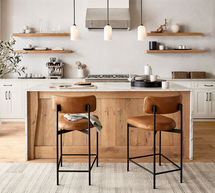 Maison Leather Counter Height Bar Stool, Antique Bronze Leg, Churchfield Camel | Pottery Barn (US)