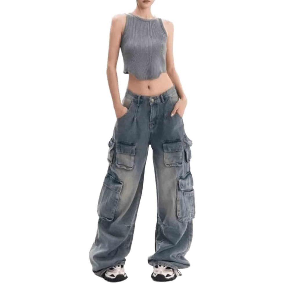 BXCNCKD Women's Retro Y2K Jeans with Multiple Pockets Loose Straight Leg Pants Street Trend Cargo... | Amazon (US)