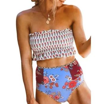 Smocked Floral High Waisted Bandeau Bikini Swimsuit | Dresslily US