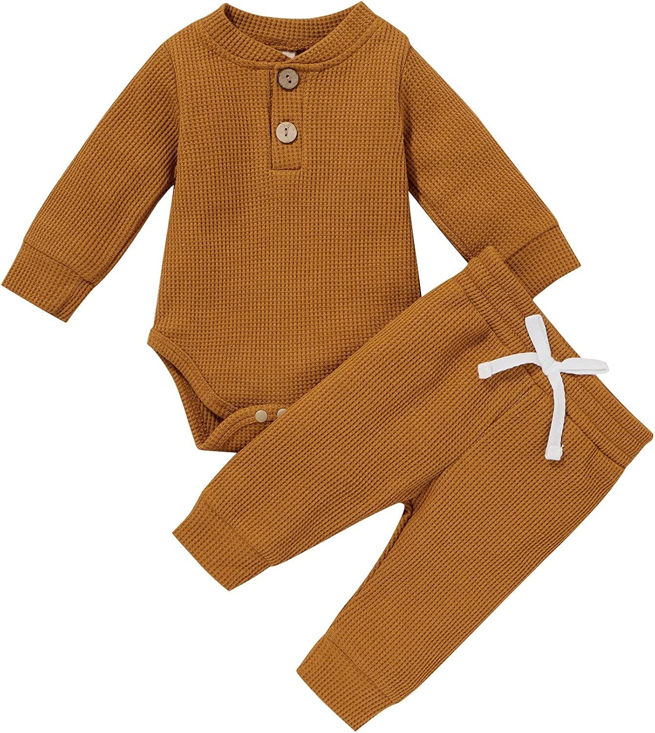 Newborn Baby Boy Girl Clothes Ribbed Knitted Cotton Long Sleeve Romper Long Pants Solid Color Fal... | Amazon (US)