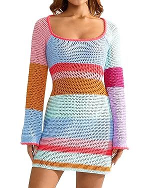 Fabumily Women Crochet Knit Mini Dress Long Sleeve Colorful Mesh Cover Ups Casual Sweater Dress 2... | Amazon (US)
