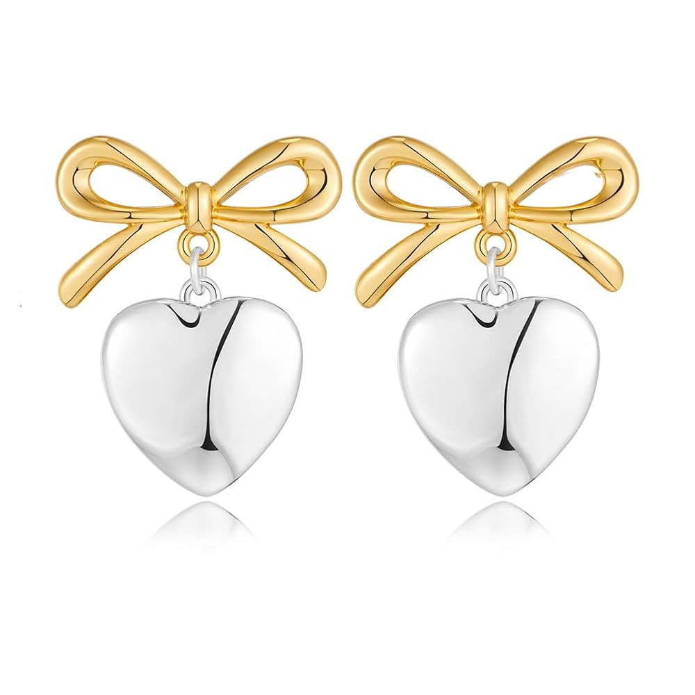 Gold Heart Dangle Earrings For Women Ribbon Bow Dangle Earrings | Amazon (US)