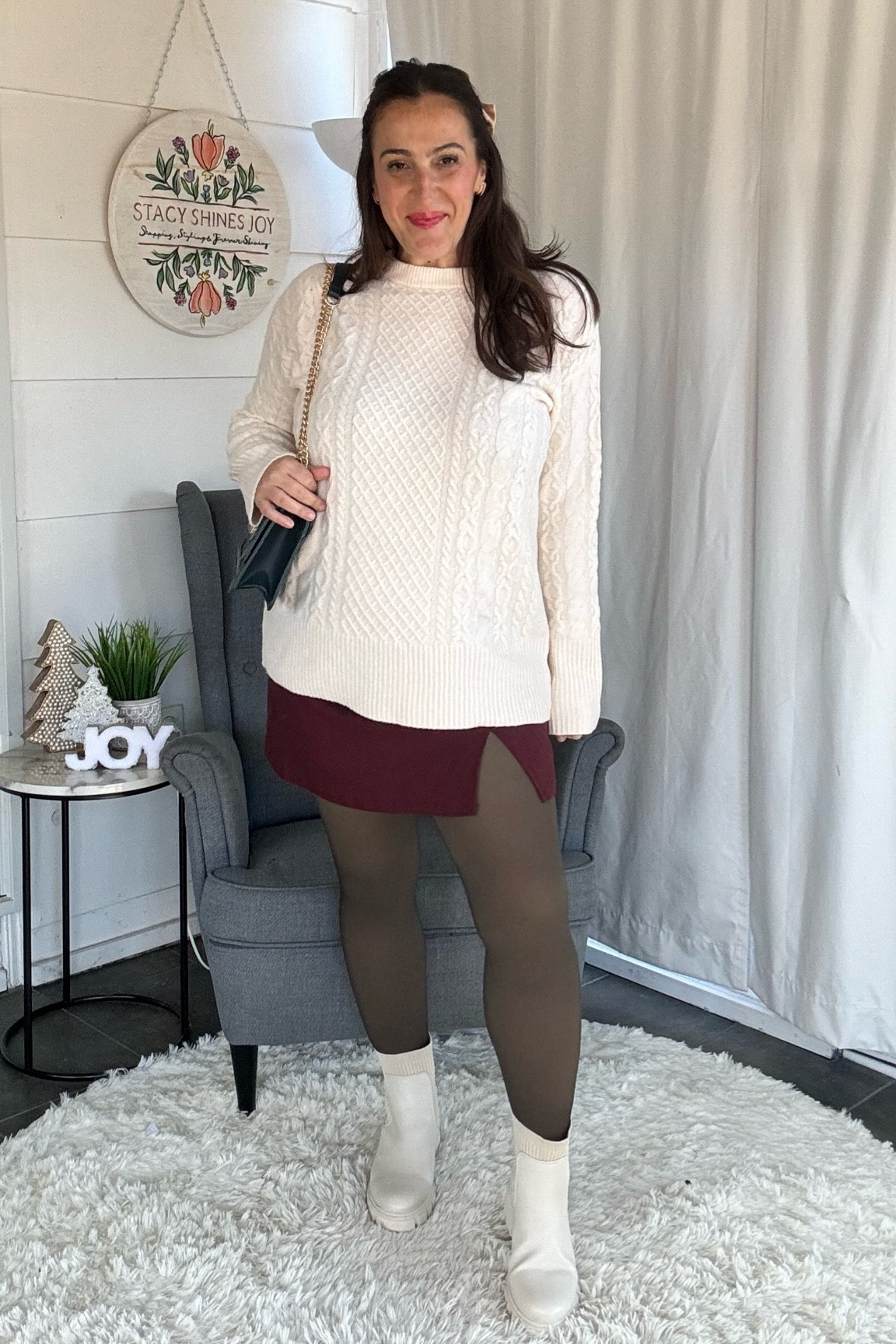 The perfect winter holiday look. My sweater is SO soft! It’s oversized, I sized down to a M. Go with true size if you want it less fitted. Skirt is very stretchy, size down if in between but I like a large. 

#LTKSeasonal #LTKmidsize #LTKstyletip