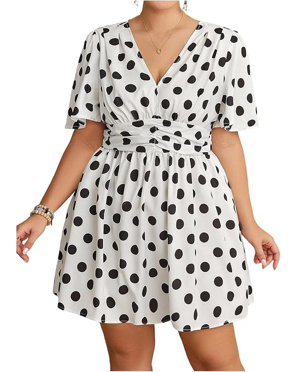 Floerns Women Plus Size Printed V Neck Ruffle Trendy Summer Short Dresses | Short Sleeve, Cinched... | Amazon (US)