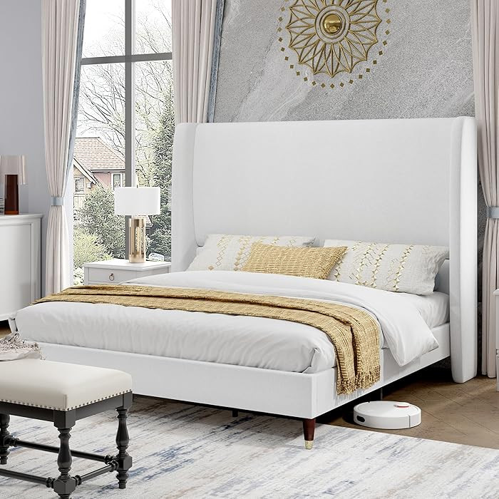 PaPaJet Queen Size Modern Bed Frame, 51.2" High Platform Beds, Upholstered Tall Wingback Headboar... | Amazon (US)