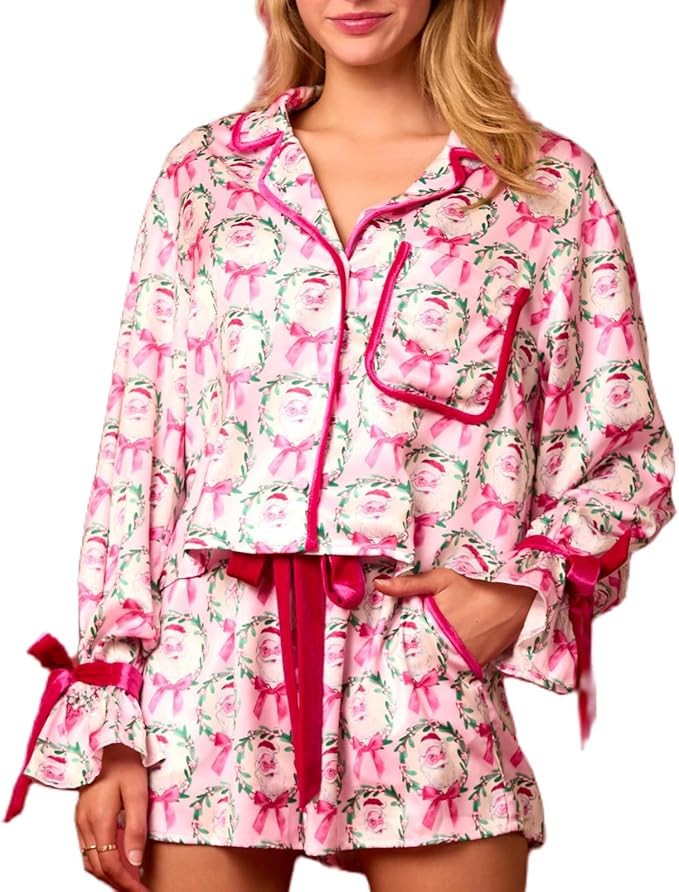 KOSUSANILL Christmas Pajamas for Women 2 Piece Bow Pajama Set Tie Cuff Long Sleeve Santa Print Bu... | Amazon (US)
