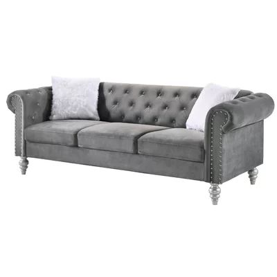 Adam Velvet Chesterfield 83'' Rolled Arm Sofa Rosdorf Park Fabric: Gray | Wayfair North America