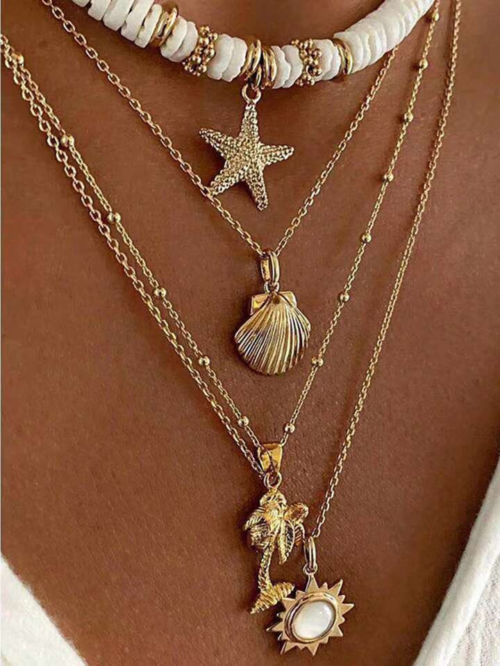 1pc Bohemian Multiple Layer Necklace With Random Sea Star, Shell, Flower & Elephant Shaped Polyme... | SHEIN