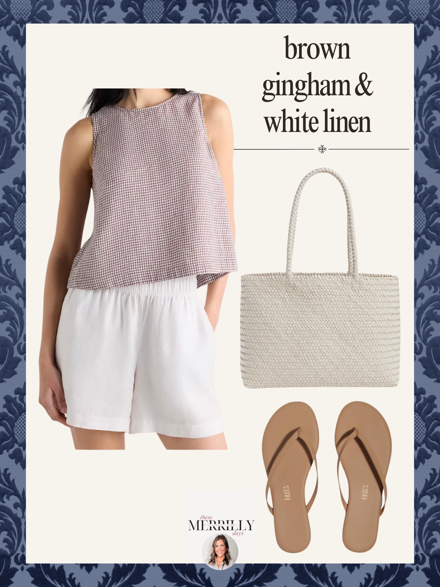 Neutral toned summer outfit inspo great for bbqs, days by the water, or a casual brunch! Thesemerrillydays linen outfits women's gingham tops tan flat sandals women's leather woven purse Madewell tote bag summer fashion finds summer wardrobe staples 

#LTKdayinmylife #LTKSeasonal #LTKootd