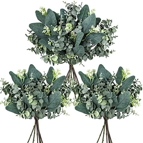 Winlyn 20 Pcs Mixed Artificial Oval Eucalyptus Leaves Bulk with White Seeds Stems and Spray for V... | Amazon (US)