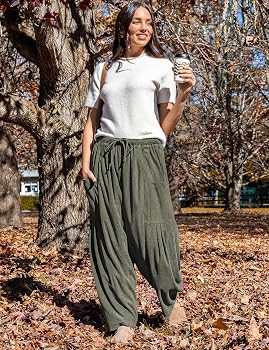TARSE Womens Corduroy Pants Barrel Casual Loose Baggy Drawstring Wide Leg Palazzo Harem Pants wit... | Amazon (US)